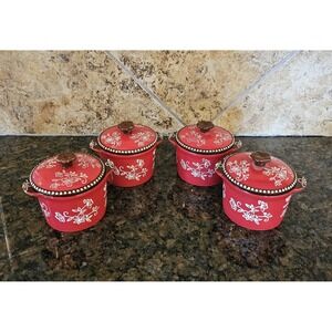 Temptations By Tara Red Floral Lace Design Set Of 4 8oz Ramekins Ceramic